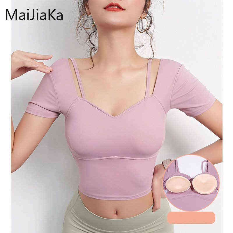 

Spring Summer Women's Yoga T-Shirt With Chest Pads Slimming Thin Quick-Drying Gym Clothes Short-Sleeved Sexy Fitness Crop Top T220725, Grey