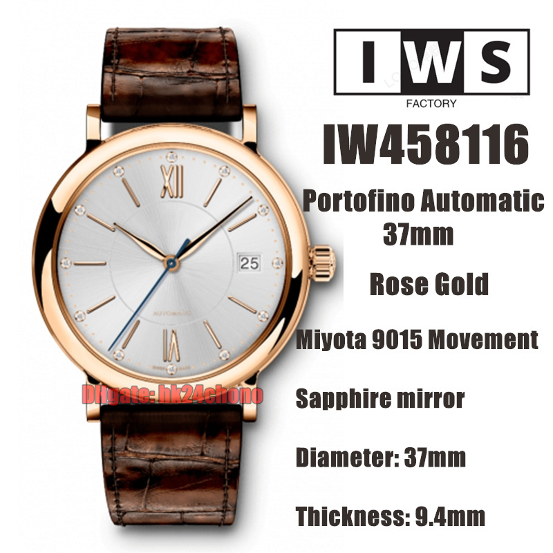 

IWSF Top Quality Watches 37mm Rose Gold Miyota 9015 Automatic Womens Watch 458116 Silver Dial Leather Strap Ladies Wristwatches, Vip