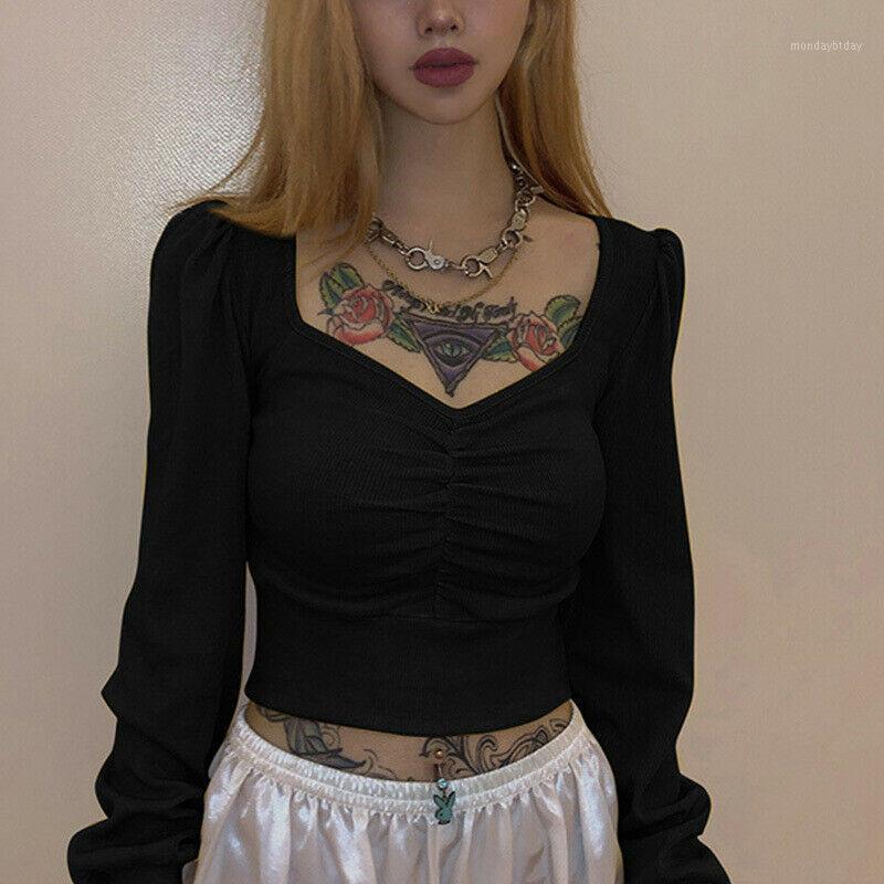 

Women' T-Shirt Summer Women Long Sleeve Knitted Pullover Jumper Ladies Casual Square Collar T-shirts Short Slim Top Blusa Female Crop Tops, Black