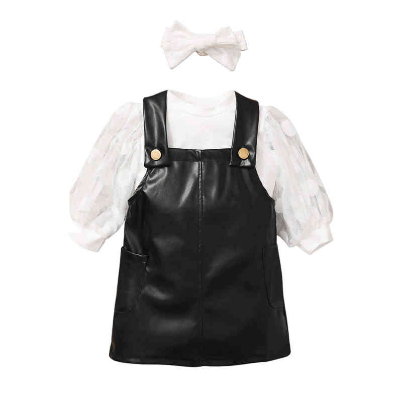 

Citgeett Autumn Kids Girls Clothing Sets Dot Mesh Long Puff Sleeves T Shirts Tops Pu Leather Overalls Dress J220712, Red