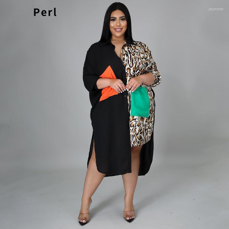 

Plus Size Dresses Perl Loose Leopard Patchwork Pocket Maxi Dress Single Breasted Skirt Clothes For Women Ropa Mujer Talla Grande 4XL Jasp22, Multi 2