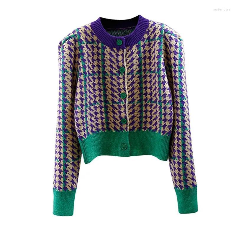 

Women's Knits & Tees 2022 Spring Autumn Women Long-Sleeve Plaid Knitted Cardigan Jackets O-Neck Single-Breasted Houndstooth Sweaters Tops Co, Purple