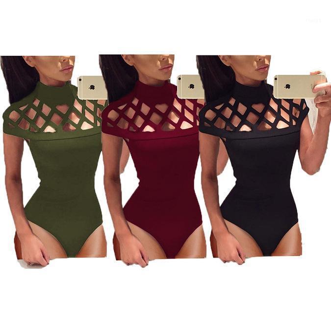 

Women' Two Piece Pants Summer Women Hollows Out Bodysuits Choker High Neck Bodycon Rompers Ladies Caged Short Sleeve Bodysuit Overalls Tops, Black