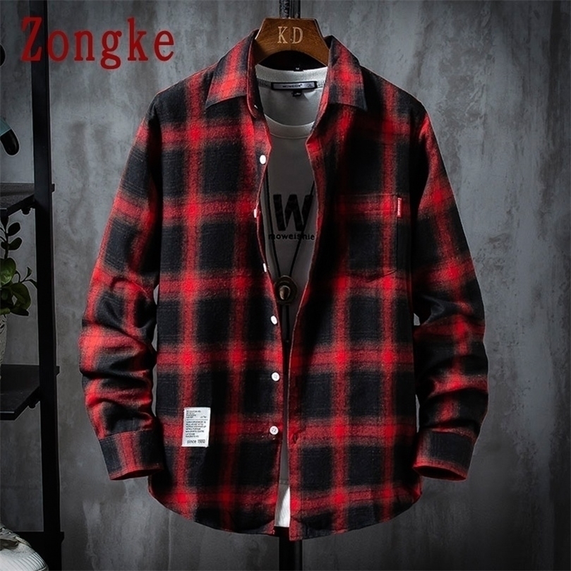 

Zongke Casual Shirts For Men Clothing Fashion Long Sleeve Plaid Harajuku Checkered M-3XL 220401, Black