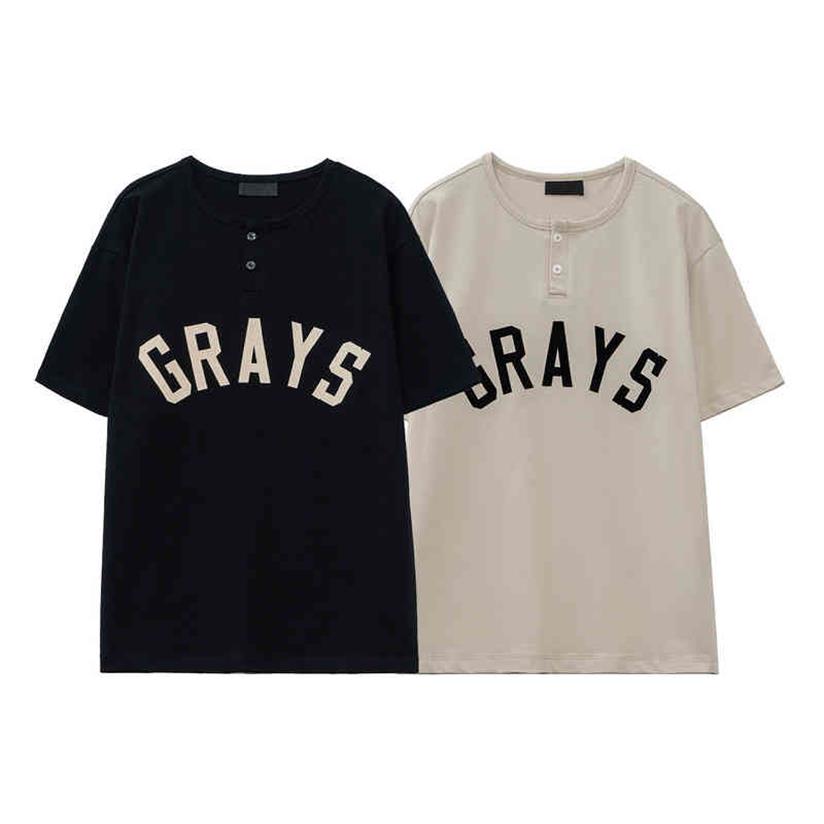 

mens t shirts short sleeve essentials god of fear fog Season 7 main line Henry collar flocked button short sleeve T-shirt280P, Black