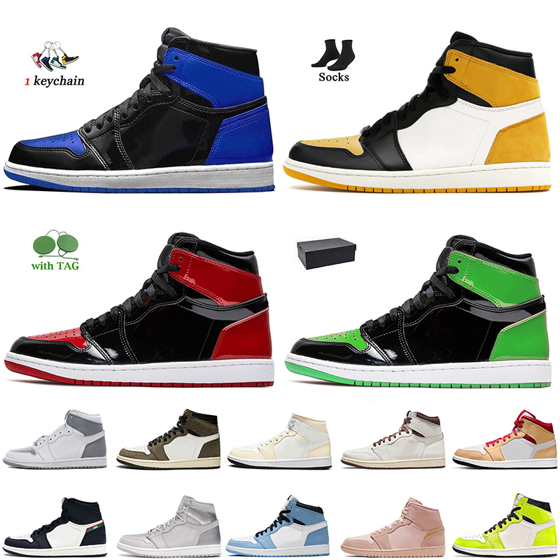 

2022 New High 1 Jumpman 1s Basketball Shoes Visionaire Patent Green Bred Royal Blue Yellow Toe Surfaces Paris White Light Smoke Grey UNC women mens trainers sneakers, A31 royal blue