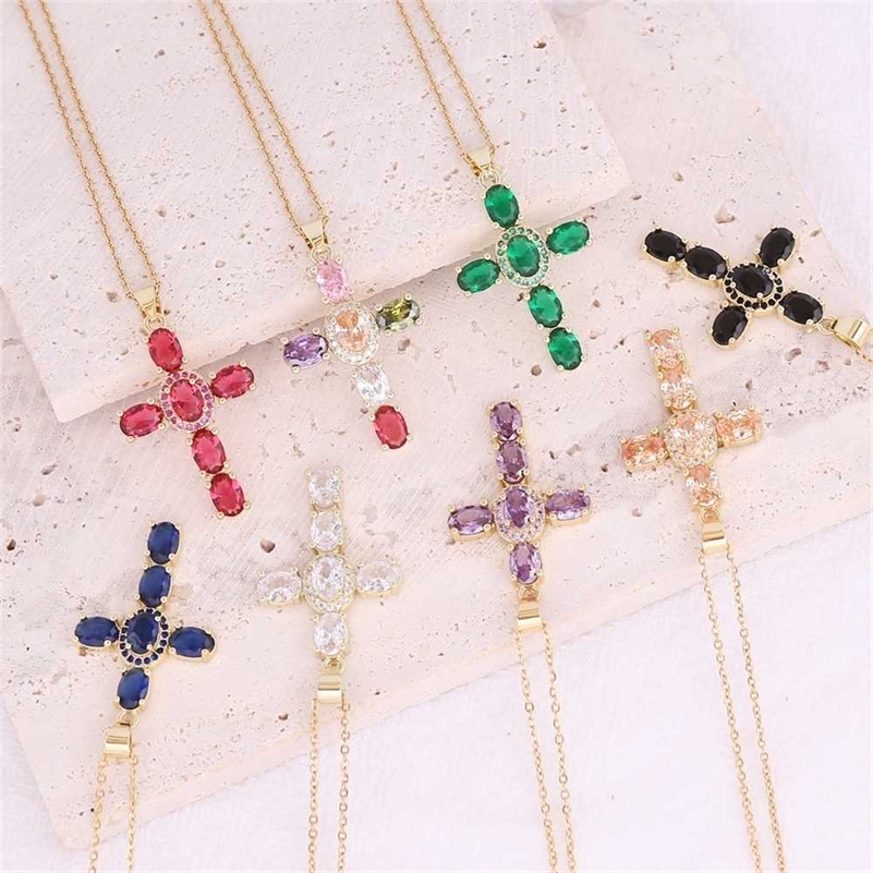 

2022 Valentine's Mother's DAY Crystal Cross Pendant Necklace Gold Color Rhinestone Diamond Beryl Rubine Chain Choker Crucifix Men Women Kids Party Jewelry T32K9SV, 2. royal blue