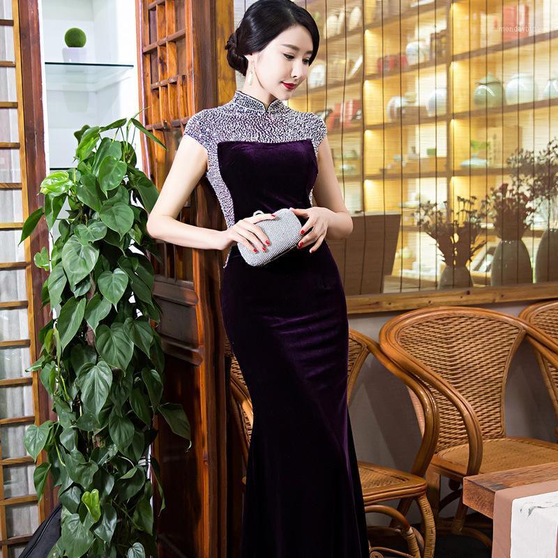 

Ethnic Clothing Traditional Velvet Long Qipao Sexy Slim Cheongsam Mandarin Collar Dress Vestidos Elegant Women Eavening Party Dressing Gown