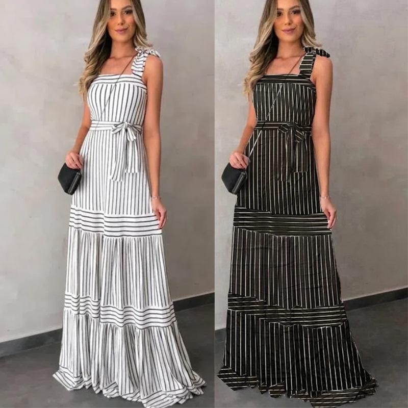 

Casual Dresses Summer Women Slip Maxi Beach Dress Boho Tie-up Striped Elastic High Waist A-Line Sundress Vacation Long Ruffles DressCasual, Black