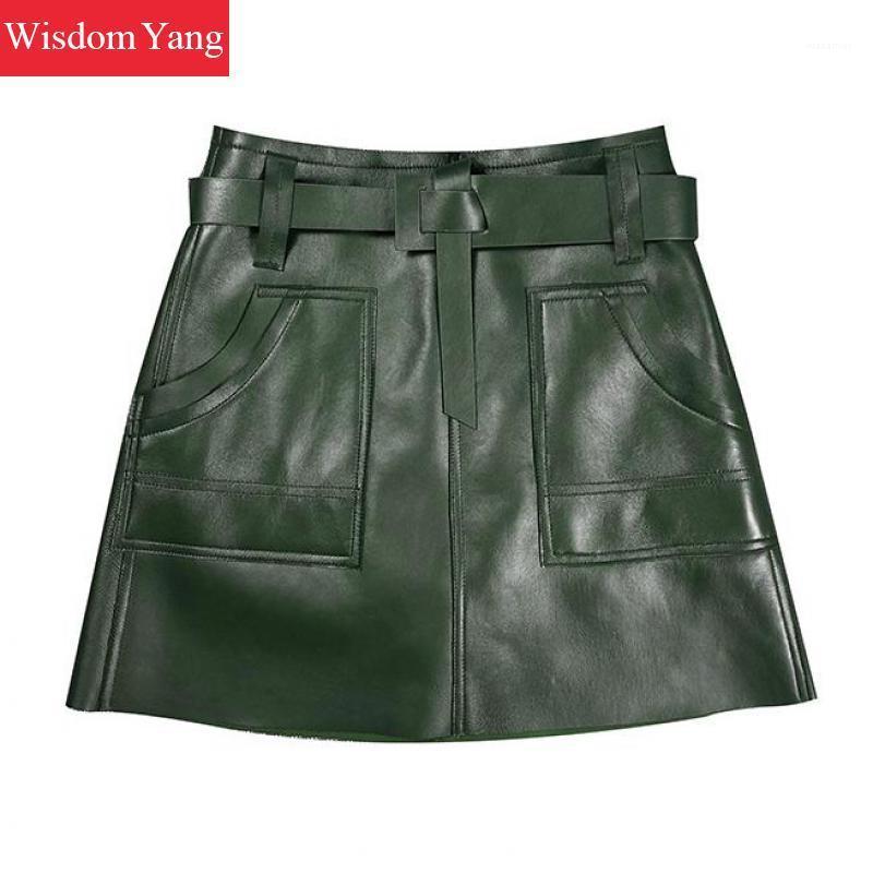

Skirts Genuine Sheepskin Leather Min Womens A-line Belt Autumn Black Khaki Green Wrap Bangdage Skirt Goth High Waist Punk, See picture