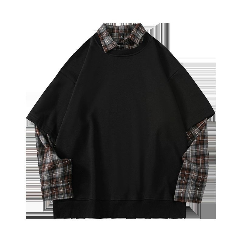 

Hybskr Spring Large Size Men Sweatshirts Fake Two Pieces Plaid Pullovers Fashion Harajuku Male Hoodies Designer Brand Clothing L220816, Black