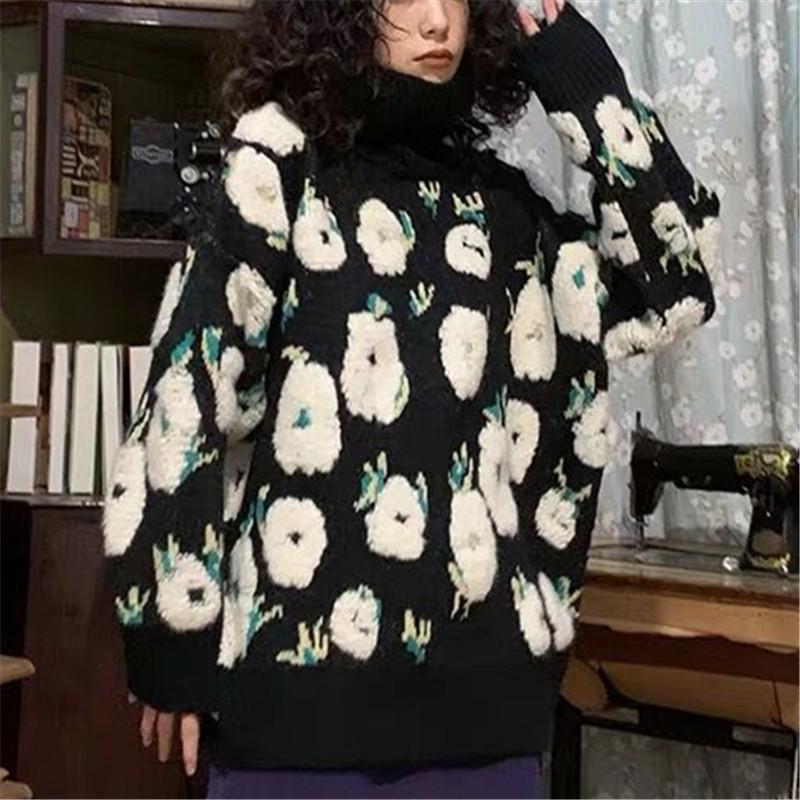 

Women's Sweaters Christmas Women's Sweater Winter Turtleneck Knitted Pullover Top Fall Women Clothes Jacquard Loose Long Sleeve SweaterW, Black