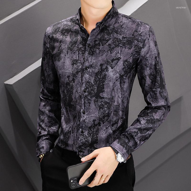 

Men's Dress Shirts Business Autumn Men's Floral Long Sleeve Shirt Korean Fashion Casual 2022 Slim Young Personality Bottom M-4XLMen's Ve, Black