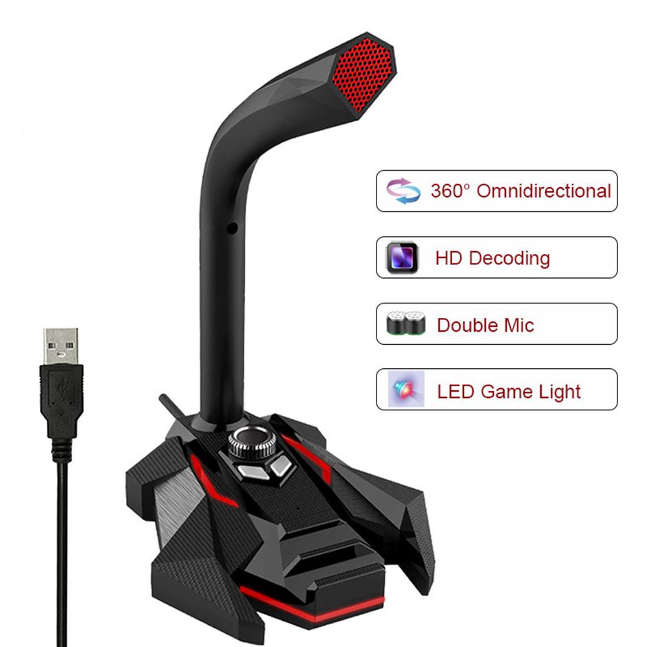 

Dynamic Wired Microphone USB Studio Gaming 360 Omnidirectionnel PC Microphone for Computer Desktop Professional Dual Mic LED266n