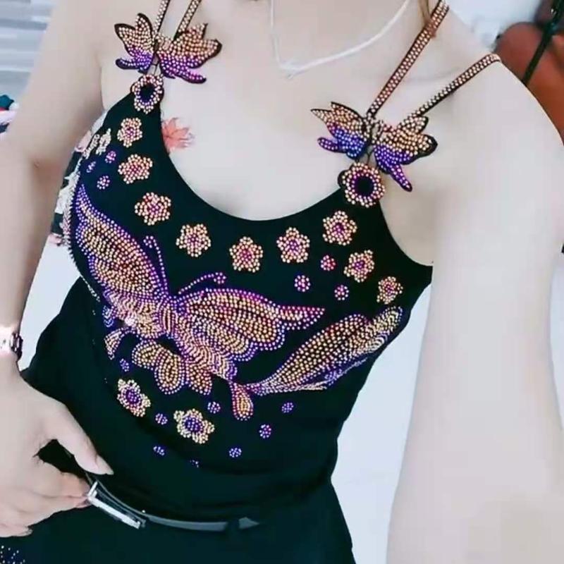 

Women's Tanks & Camis Fashion Sparkling Spaghetti Strap Tops Rhinestone Embroidered Butterfly Vest Sleeveless O-Neck Tank Top Women ClothesW, Plain butterfly