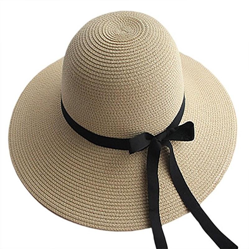 

Wide Brim Hats Womens Fashion Summer Straw Hat Sun Folding Travel Beach Cap With Lovely Bow, Khaki