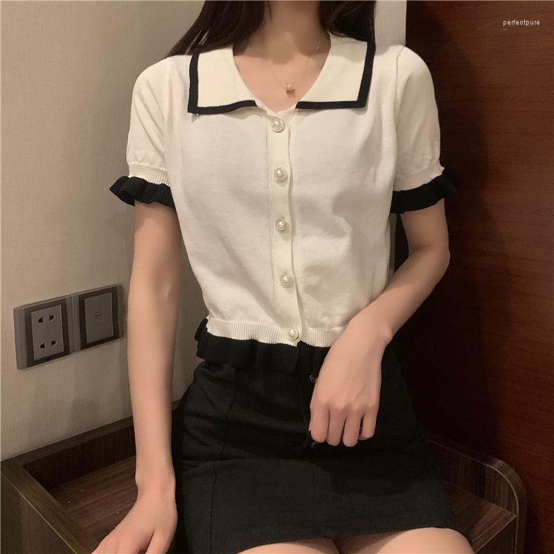

Women's Knits & Tees Ruffles Knit Cardigan Shirt Women Single-breasted Patched Elastic Crop Sweater Summer Tops Female Cardigans Perf22, Black