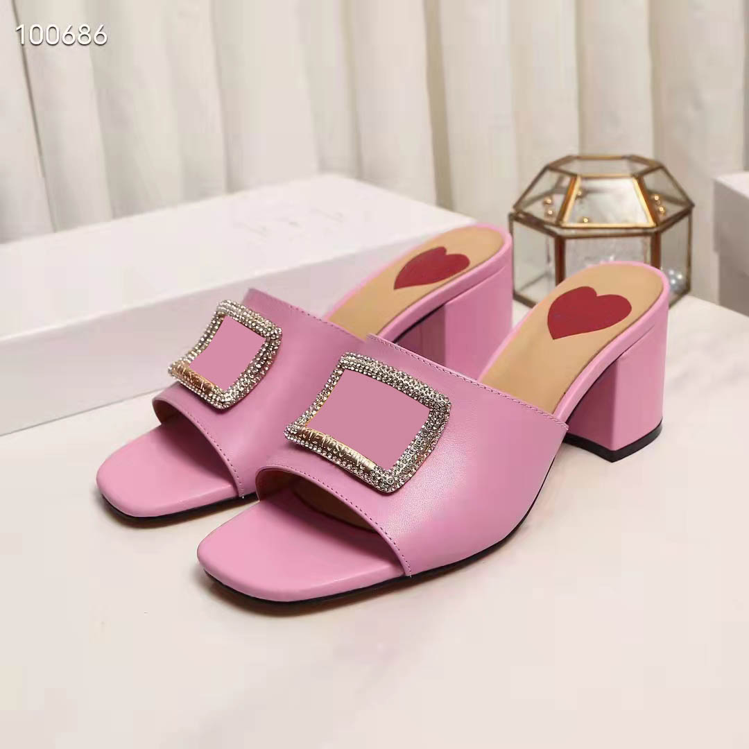 

Classic Chunky Heel Sandals Designer Slide Thick Sole Leather Half Slippers Luxury Crystal Shiny Rubber Sole Big Size Lazy Sandals, Brown