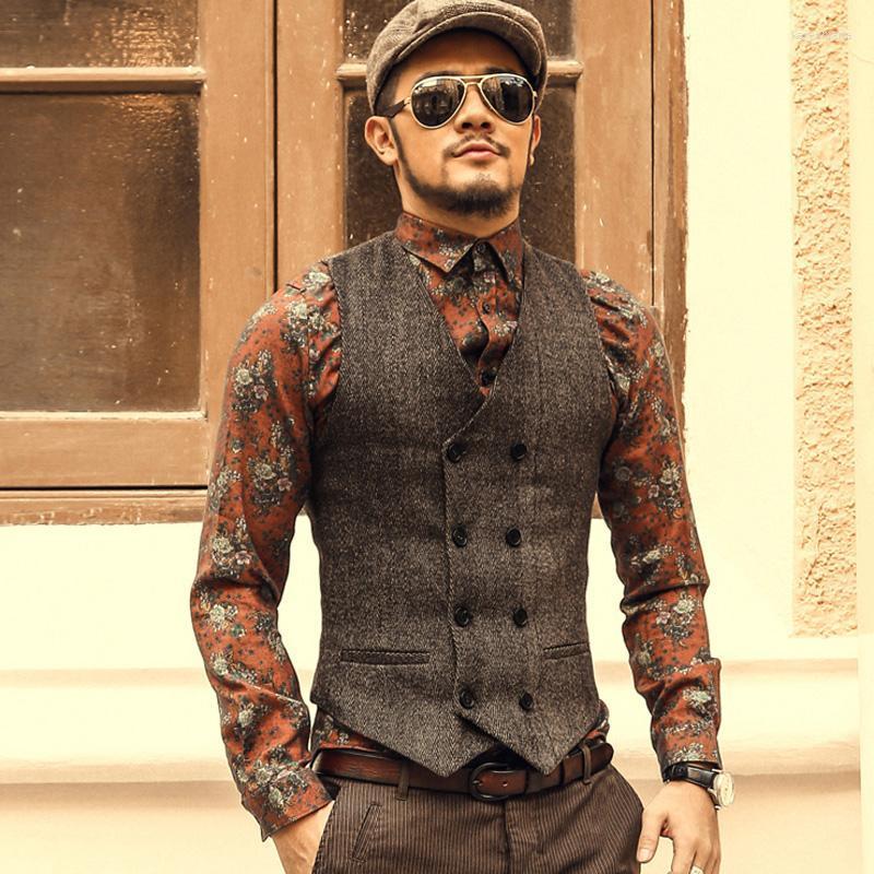 

Men' Vests Male British Retro Style Herringbone Woolen Vest Casual Double-Breasted Suit For Wedding Groomsmen Slim Fit Waistcoat Kare22, Dark coffee