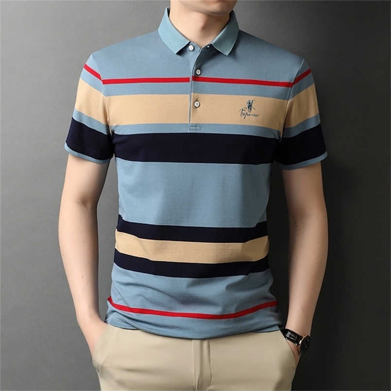 

Men's Polo Shirts Brand Quality 95% Cotton Embroidery Golf Shirt Male Business Fashion Stripes Tops Summer Short Sleeve Clothing 220402, Blue