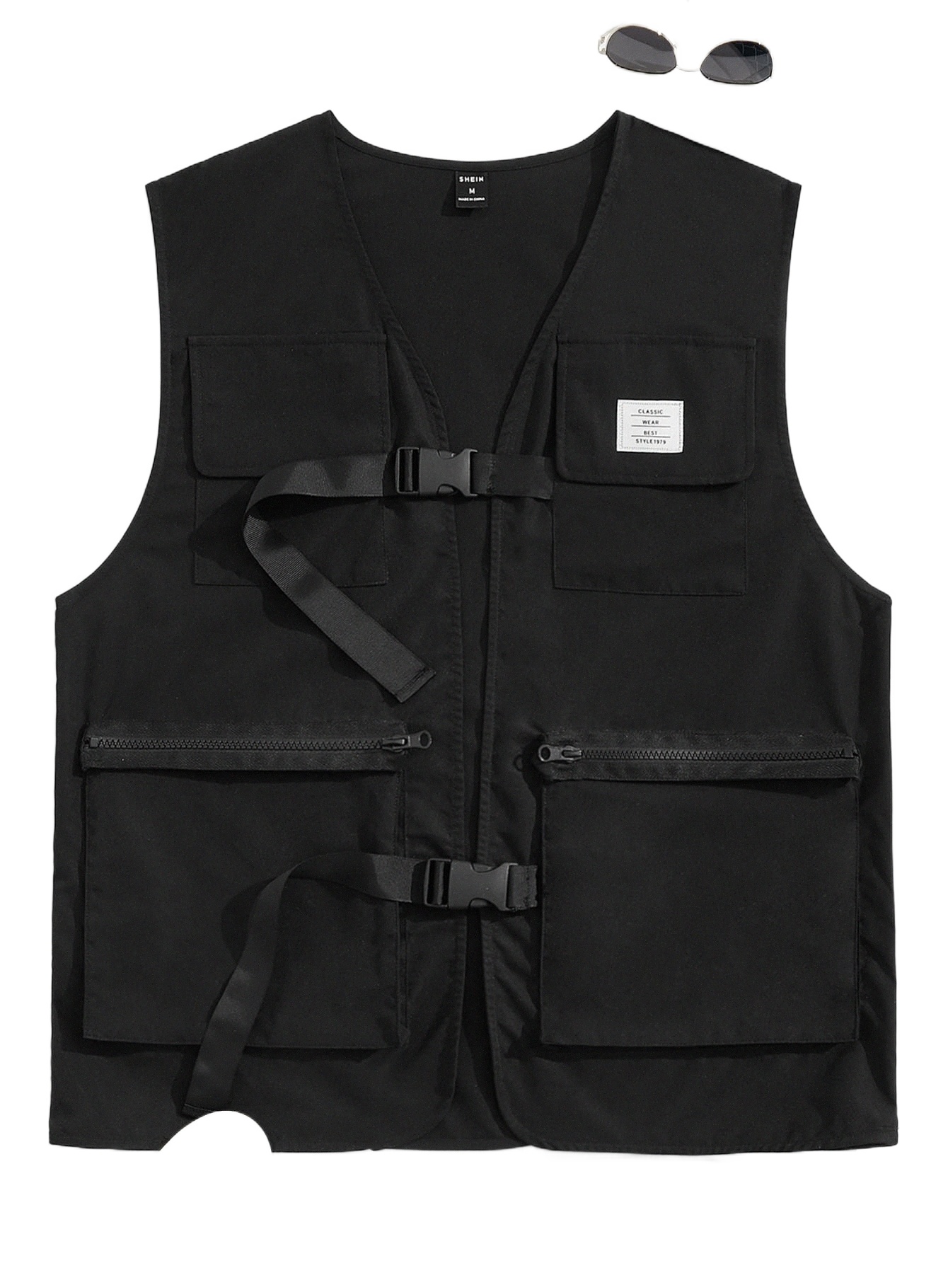 

men Letter Patched Flap Pocket Buckled Detail Vest Jacket M9WN#, Black