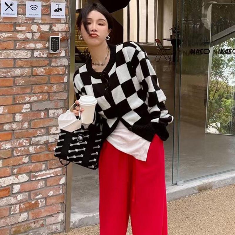 

Women's Knits & Tees Plaid Cardigan Women Harajuku Sweater Korean Fashion Checkerboard Knitted Lady Clothes Solid Casual Warm LooseWomen's, White
