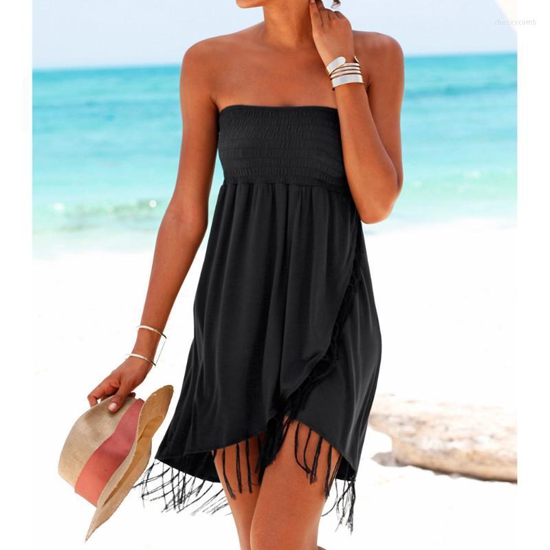 

Casual Dresses Clothing Women Sexy Boho Elegant Lady Dress Off The Shoulder Tassel Summer Beach Female Robe Outfit Vestido, Bk