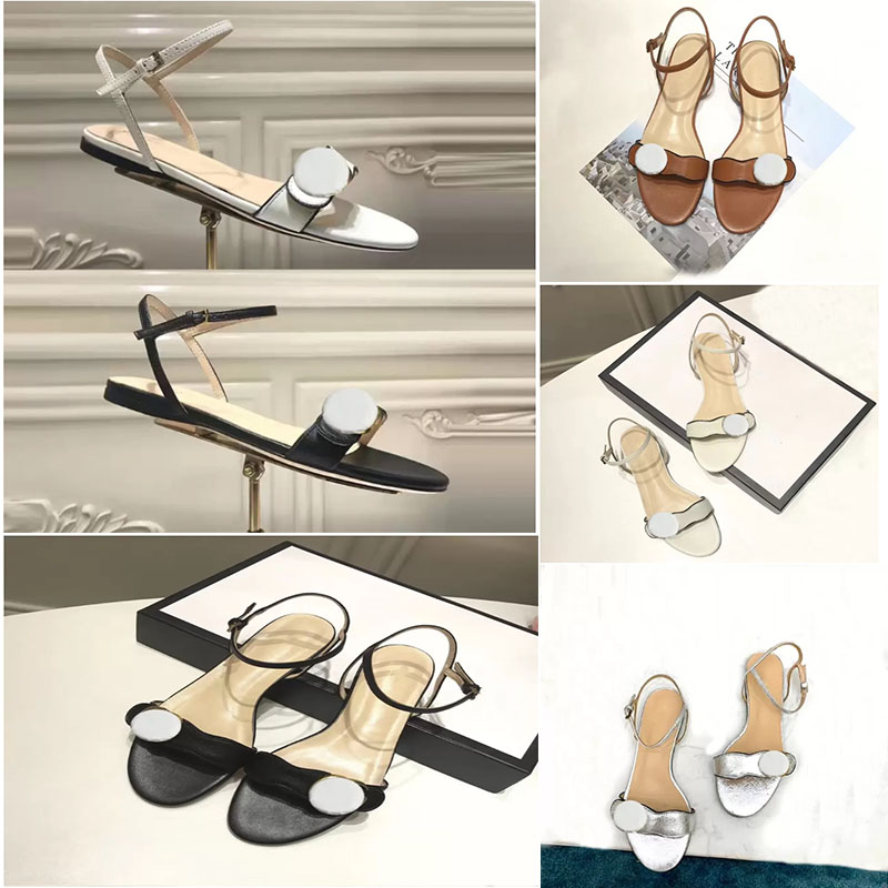 

Luxury designer shoes classic ladies sandals imported leather flat buckl metal buckle beach slippers plus size, Grey