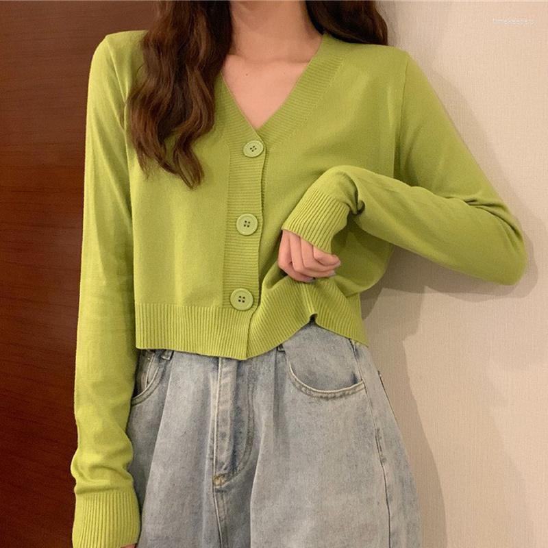 

Women's Knits & Tees Knitted Crop Cardigan Tops 2022 Autumn Winter Women Fashion Slim Korean Short Sweater Ladies Long Sleeve V Neck Buttons, White