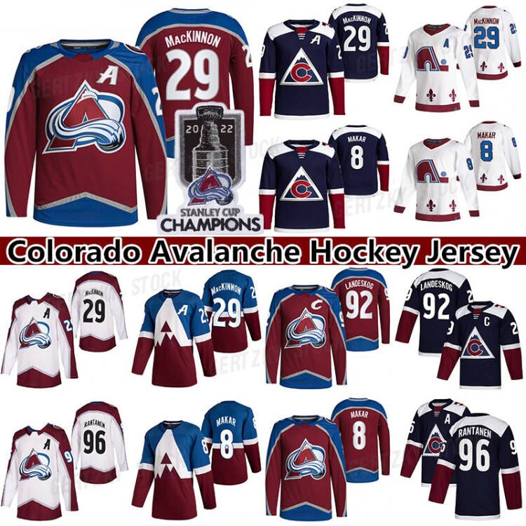 

Colorado 2022 Stanley Cup Champions hockey jersey 29 Nathan MacKinnon 8 Cale Makar 96 Mikko Rantanen 92 Gabriel Landeskog 91 Nazem Kadri 19 Joe Sakic jerseys, White reverse