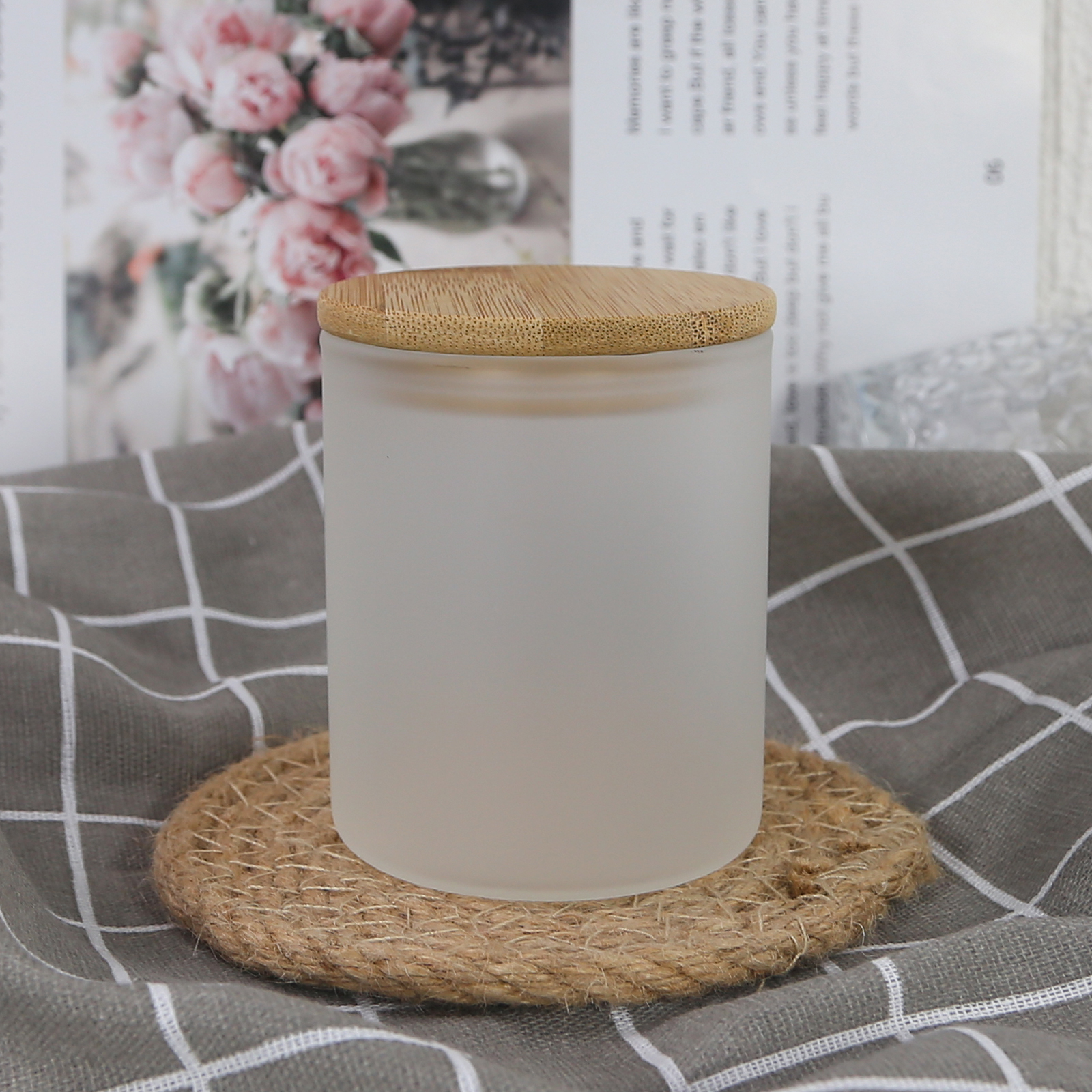 

6oz Empty Sublimation Clear Frosted Glass Candle Jars with Bamboo Lids for Making Candles by ocean Z11