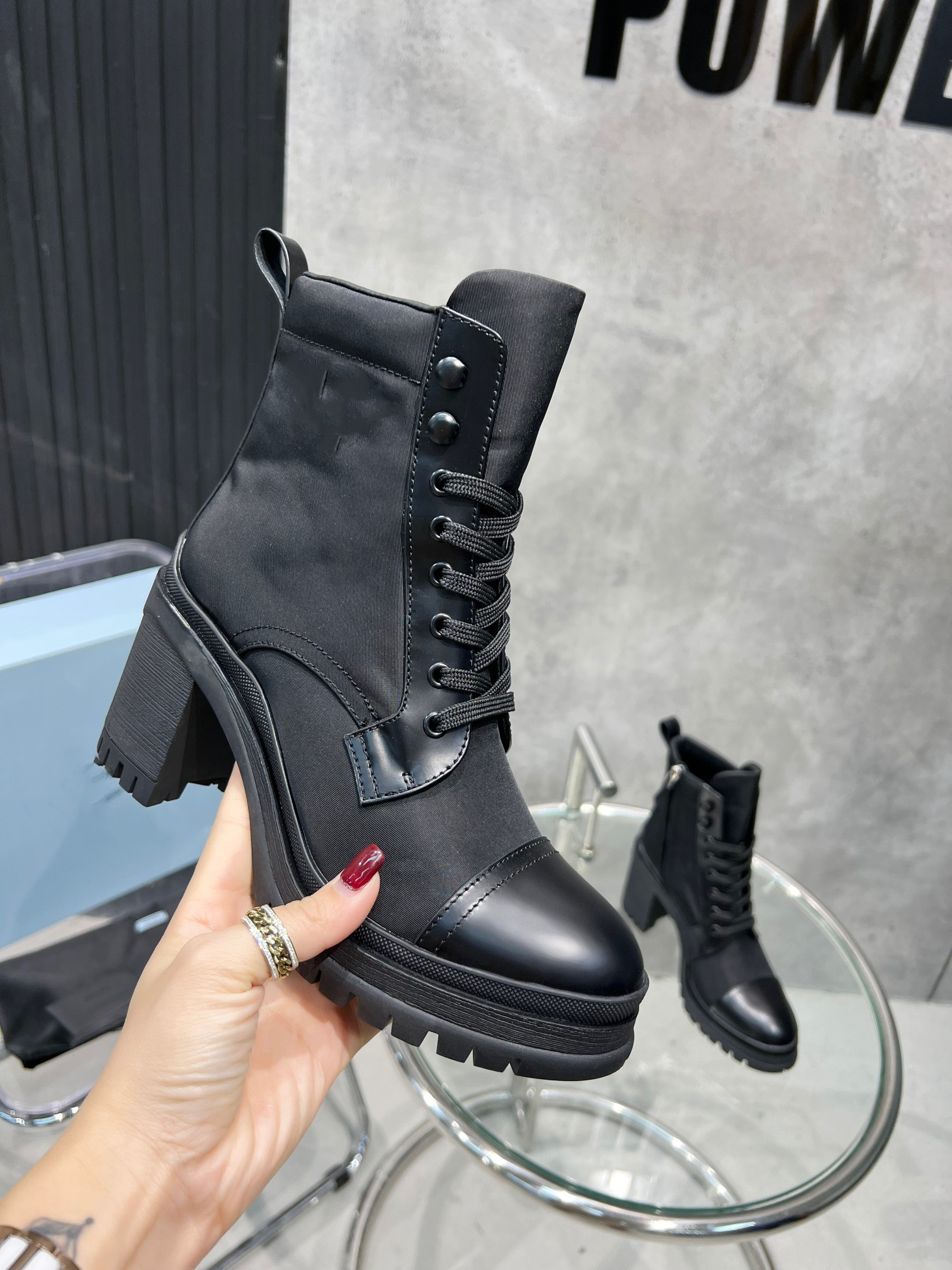 

white Leather Nylon pouch Ankle Combat Boots platform Wedges lace-up round Toe block heels Flat booties chunky luxury designer for women factory footwear 0706, 02