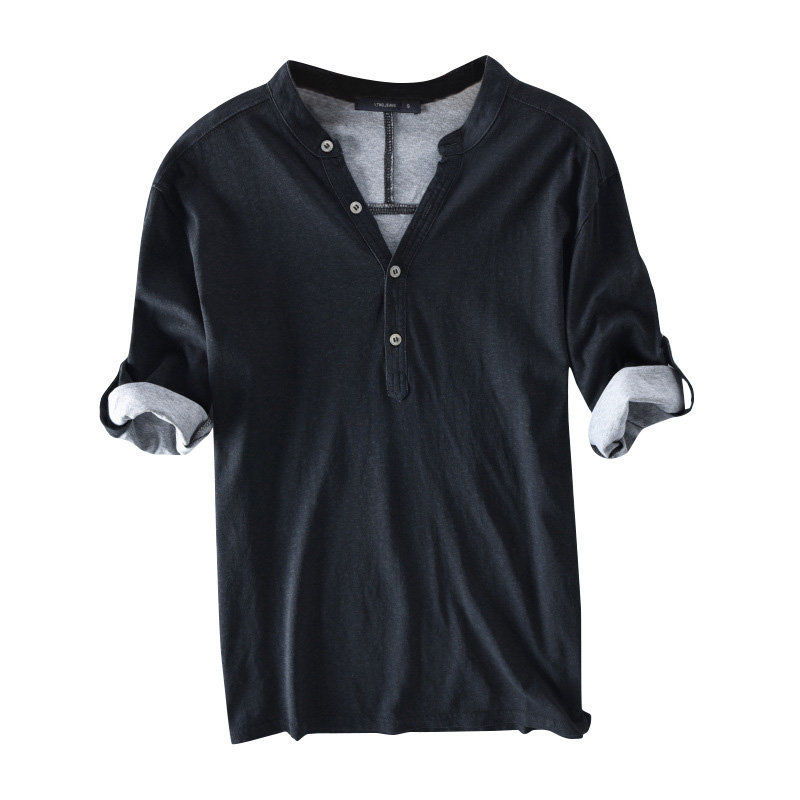

Men' Shirts Men Cotton with Half Sleeve V Neck Solid Autumn Casual Shirt Hombre Shirts Clothes, Black