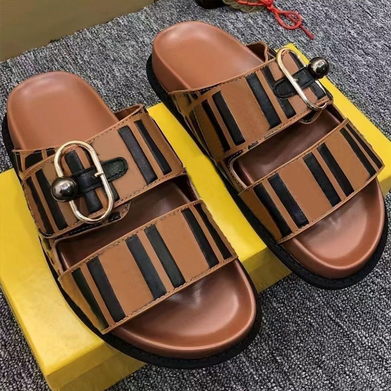

Classic Printed Letter Slipper Leather Upper Causal Shoe Buckle Sandal Slides Round Toe Platform Slippers Comfortable Rubber Sole Flip Flop, Brown