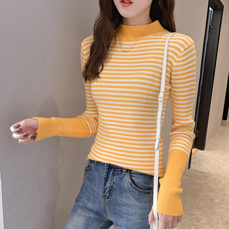 

Women's Sweaters 2022 Autumn Winter Casual Striped Knitted Sweater Women Pull Femme Long Sleeve Pullover Slim Half Turtleneck TopWomen's, Black