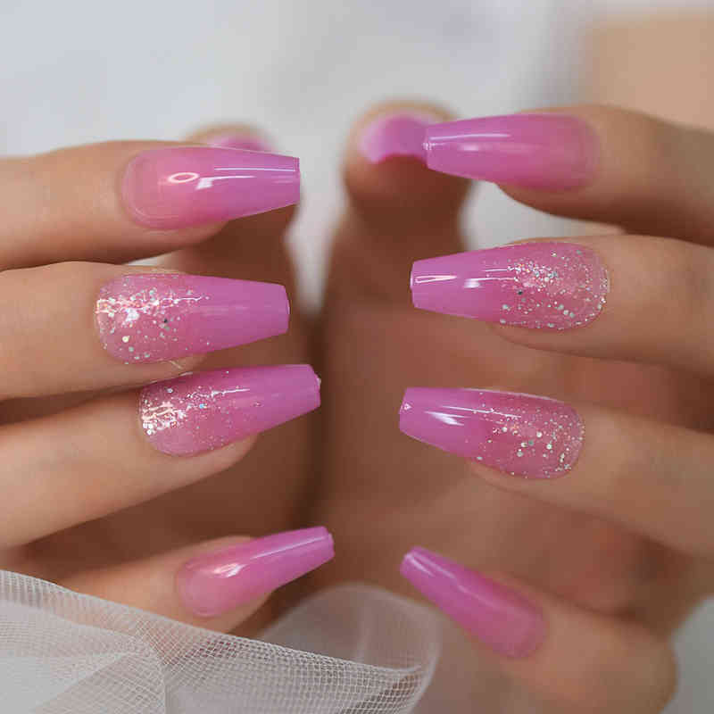 

False Nails Holo Glitter Pink Press on Coffin Medium Length Long Ballerina Fake for Women Girls Salon Acrylic Kit, Black