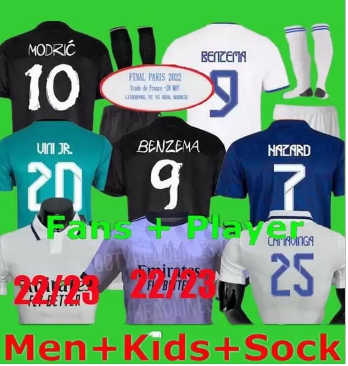 

2021 2022 2023 BENZEMA VINI JR champions final soccer Jerseys 21 22 23 ASENSIO HAZARD Isco KROOS MODRIC MARCELO ALABA football shirts men + kids kit Real Madrids FINAL, Away player version ucl