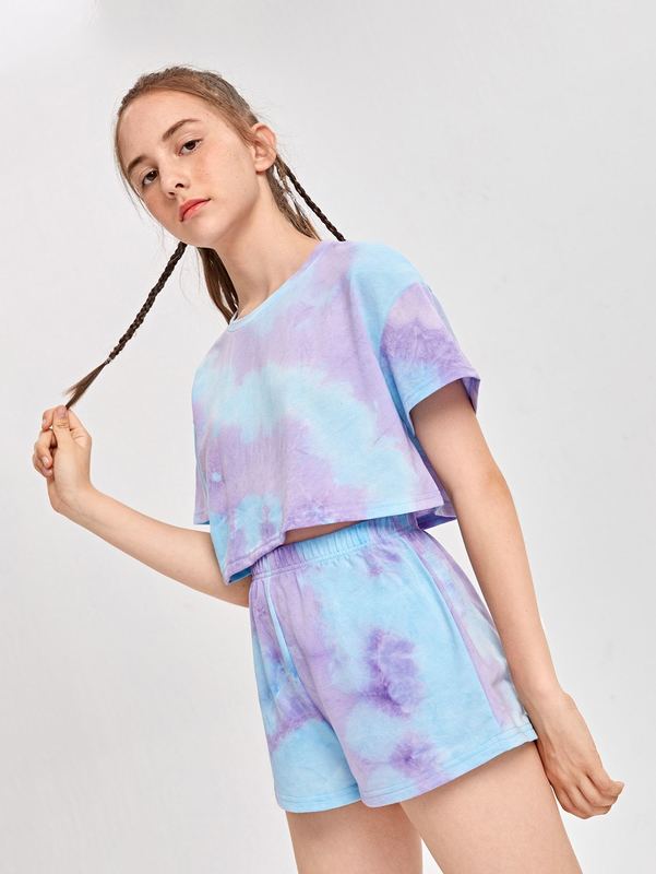 

Teen Girls Drop Shoulder Tie Dye Crop Top & Shorts Set SHE, Multicolor