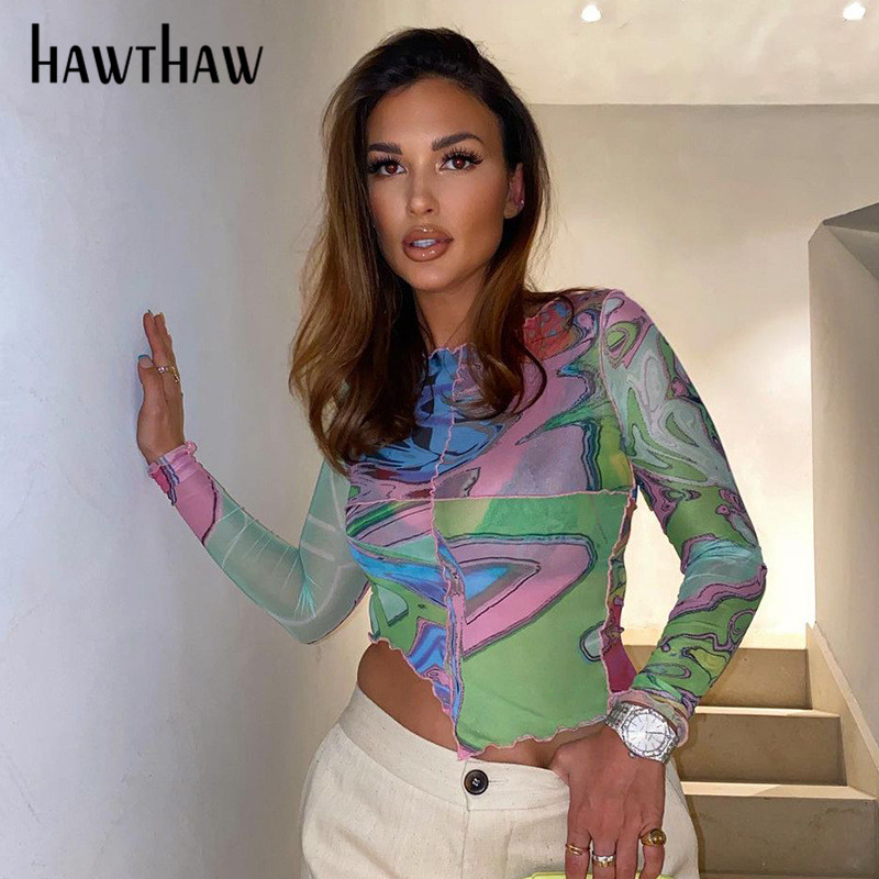 

Hawthaw Women Fashion Autumn Long Sleeve Patchwork Printed Slim T Shirt Crop Tops 2021 Fall Clothes Wholesale Items Dropshipping, Multi
