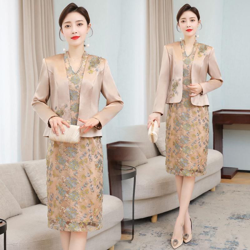 

Work Dresses Ladies 2022 Spring Summer Fashion Short Sleeve Embroidery Qipao Dress Blazer Coat Two Piece Suit Elegant Set Outfits Zh288Work, Champagne