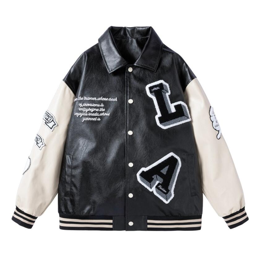 

Men Embroidery Baseball Jackets Pu Leather Coats Slim Fit Luxury Jackets, Black