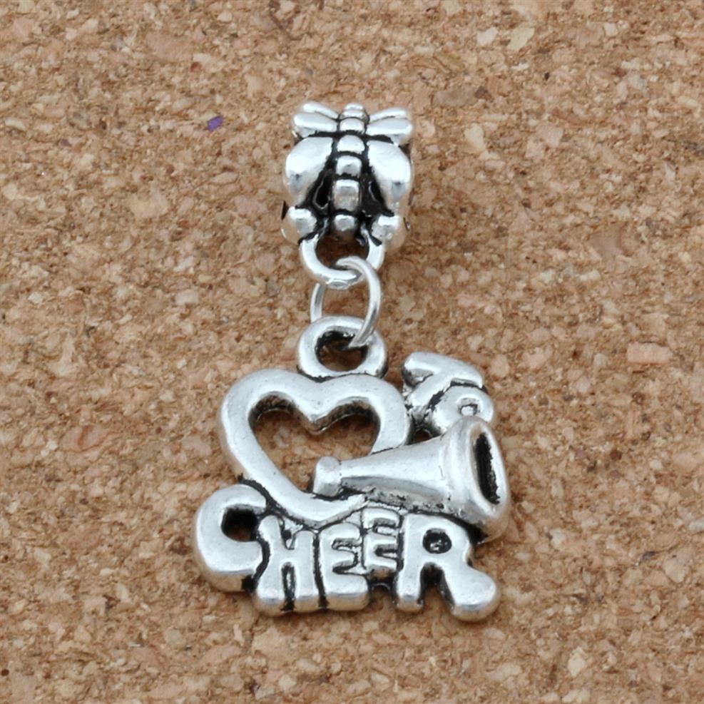 

MIC 50pcs lot Ancient silver Cheerleader Heart I Love to Cheer Charm Big Hole Beads Fit European Charm Bracelet Jewelry 16x30mm 2529