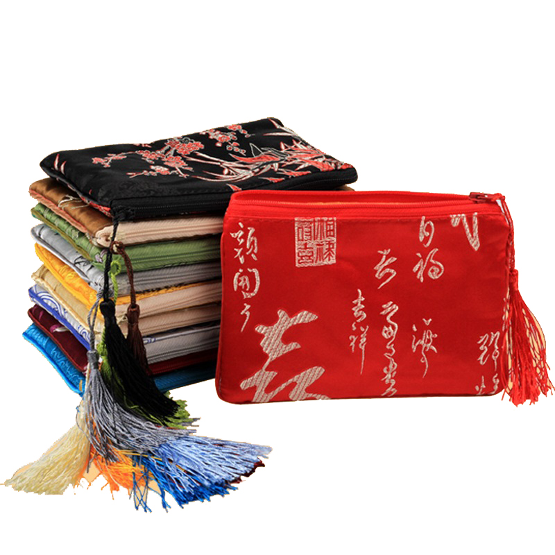 

Wholesale 10Pcs 11*15cm Zipper Bag Tassel Brocade Bag Tassel Neck rope Cell Phone Bag Cover Chinese Silk Brocade Glasses Pouches Jewelry Packaging Storage Pocket