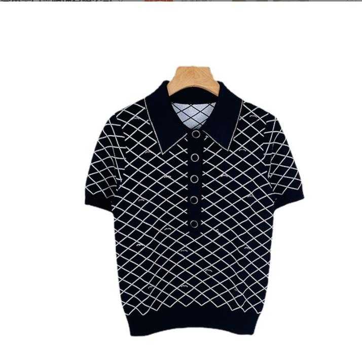 

60 L 2022 Runway Summer Brand Same Style Sweater Black Lapel Neck Short Sleeve T Shirt Women' Sweaters xue, Customize