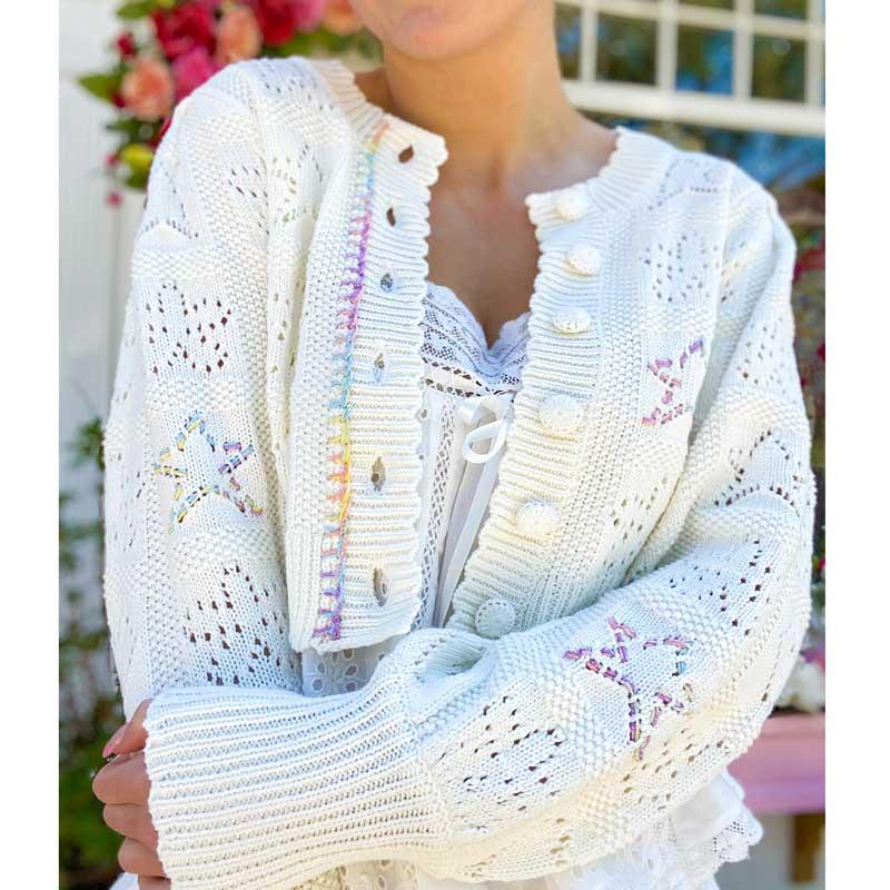 

Women' Knits & Tees BOHO INSPIRED Cropped Cardigan Fruit Embroidery Long Sleeve Sweet Women Buttons Scalloped Hem Girl Winter Sweater, White
