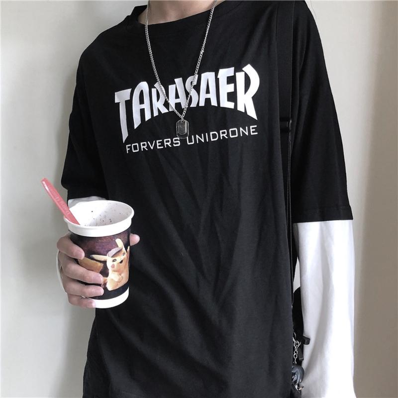 

Men's T-Shirts Youth Tops Spring Clothes Long-sleeved Taras Aer T-shirt Fake Two Pieces Harajuku Tshirts Hip-hop Trendy Unisex Tee Shirt Loo, Black