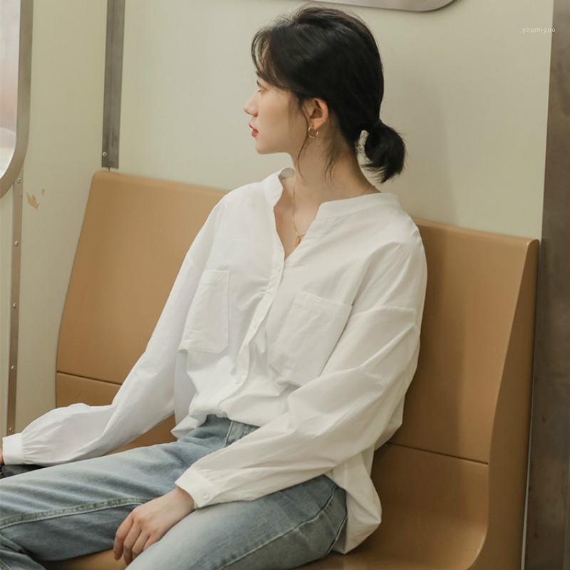 

Women's Blouses & Shirts Women White Shirt Autumn Fashion V Neck Long Sleeve Loose Blouse Casual Pockets Female Tops