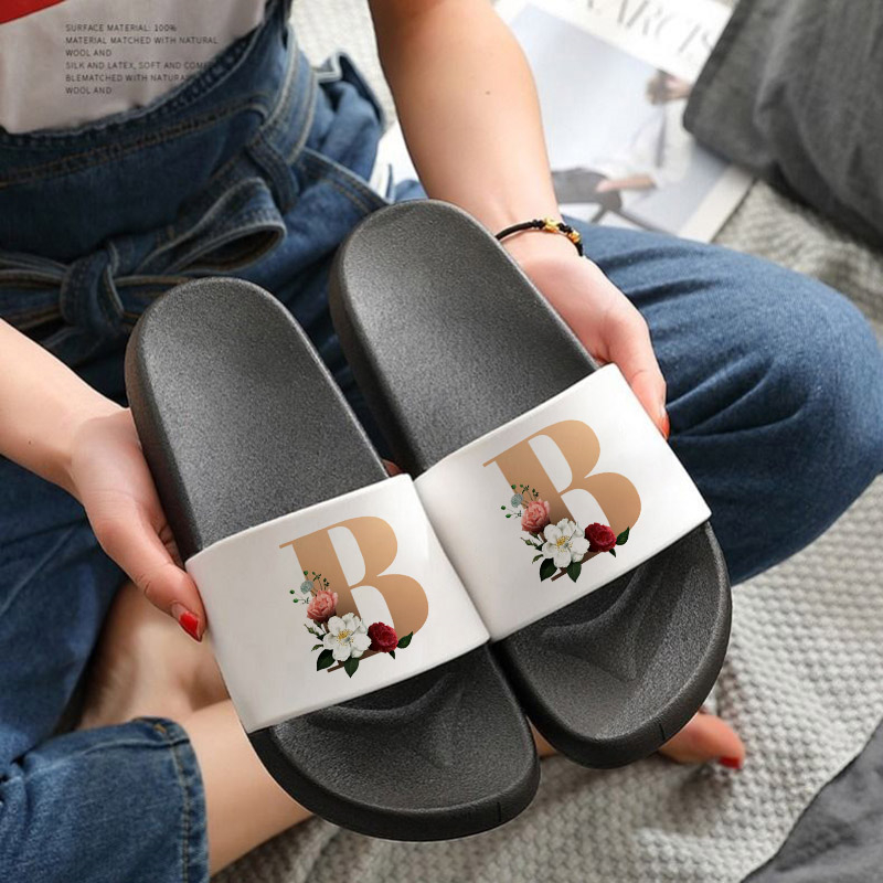 

Shoes For Women Summer 26 Letters of the Alphabet Flower Print Ladies Slippers Cartoon Pattern Beach Slides Home Flip Flops, 2461