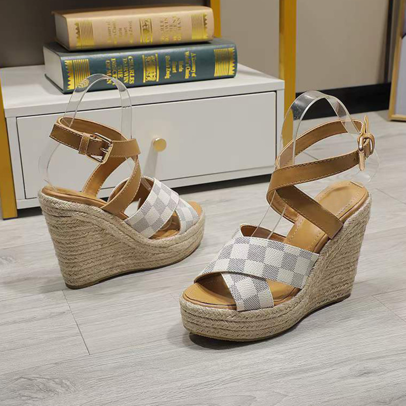 

Designer Since Sandal Wedge Sandals Platform Sandals Espadrille High Heels Cross Straps Checkerboard Wedding Dress Shoes With Box NO378, Sock