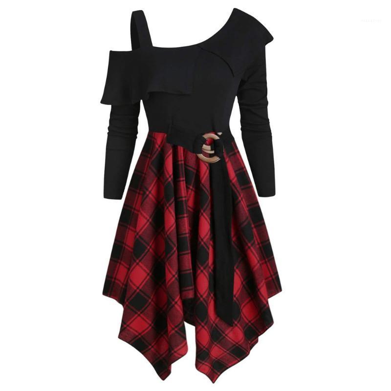 

Casual Dresses Gothic Dress Plaid Mini Party Womne Plus Size Skew Neck Belted Handkerchief Goth Punk Vestidos, Red